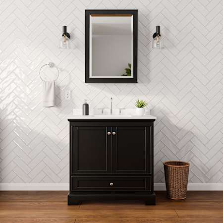 Wyndham Collection Deborah 36" Free Standing Single Basin Vanity Set with Cabinet, Cultured Marble Vanity Top for Widespread Faucets, and Medicine Cabinet Dark Espresso / Carrara Cultured Marble Top / Polished Chrome Hardware
