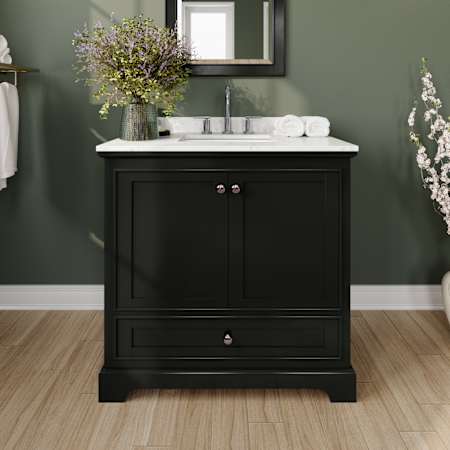 Wyndham Collection Deborah 36" Free Standing Single Basin Vanity Set with Cabinet and Cultured Marble Vanity Top for Widespread Faucets Dark Espresso / Carrara Cultured Marble Top / Polished Chrome Hardware