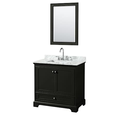Wyndham Collection Deborah 36" Free Standing Single Vanity Set with Wood Cabinet, Marble Vanity Top, and Framed Mirror Dark Espresso / White Carrara Marble Top / Polished Chrome Hardware
