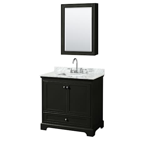 Wyndham Collection Deborah 36" Free Standing Single Vanity Set with Wood Cabinet, Marble Vanity Top, and Medicine Cabinet Dark Espresso / White Carrara Marble Top / Polished Chrome Hardware