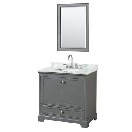 Wyndham Collection Deborah 36" Free Standing Single Vanity Set with Wood Cabinet, Marble Vanity Top, and Framed Mirror Dark Gray / White Carrara Marble Top / Polished Chrome Hardware