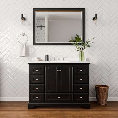Wyndham Collection Deborah 48" Free Standing Single Basin Vanity Set with Cabinet, Cultured Marble Vanity Top for Widespread Faucets, and Framed Mirror Dark Espresso / Carrara Cultured Marble Top / Polished Chrome Hardware