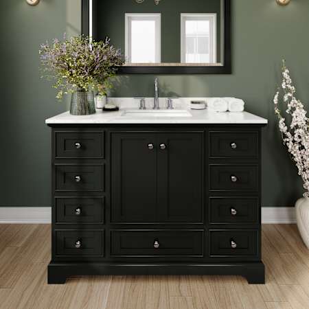 Wyndham Collection Deborah 48" Free Standing Single Basin Vanity Set with Cabinet and Cultured Marble Vanity Top for Widespread Faucets Dark Espresso / Carrara Cultured Marble Top / Polished Chrome Hardware