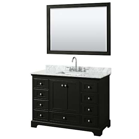 Wyndham Collection Deborah 48" Free Standing Single Vanity Set with Wood Cabinet, Marble Vanity Top, and Framed Mirror Dark Espresso / White Carrara Marble Top / Polished Chrome Hardware