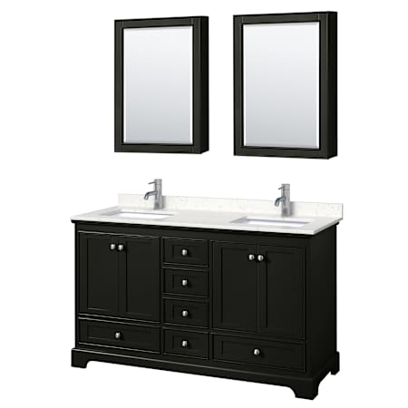Wyndham Collection Deborah 60" Free Standing Double Basin Vanity Set with Cultured Marble Vanity Top and Framed Mirror Dark Espresso / Carrara Cultured Marble Top / Polished Chrome Hardware