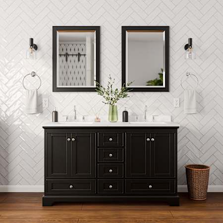 Wyndham Collection Deborah 60" Free Standing Double Basin Vanity Set with Cabinet, Cultured Marble Vanity Top for Widespread Faucets, and Framed Mirror Set Dark Espresso / Carrara Cultured Marble Top / Polished Chrome Hardware