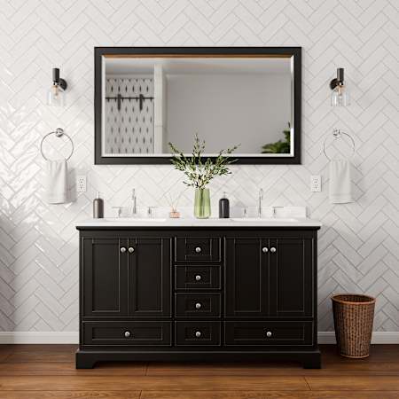 Wyndham Collection Deborah 60" Free Standing Double Basin Vanity Set with Cabinet, Cultured Marble Vanity Top for Widespread Faucets, and Framed Mirror Dark Espresso / Carrara Cultured Marble Top / Polished Chrome Hardware