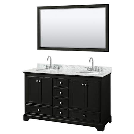 Wyndham Collection Deborah 60" Free Standing Double Vanity Set with Wood Cabinet, Marble Vanity Top, and Framed Mirror Dark Espresso / White Carrara Marble Top / Polished Chrome Hardware