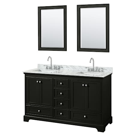 Wyndham Collection Deborah 60" Free Standing Double Vanity Set with Wood Cabinet, Marble Vanity Top, and Framed Mirror Dark Espresso / White Carrara Marble Top / Polished Chrome Hardware