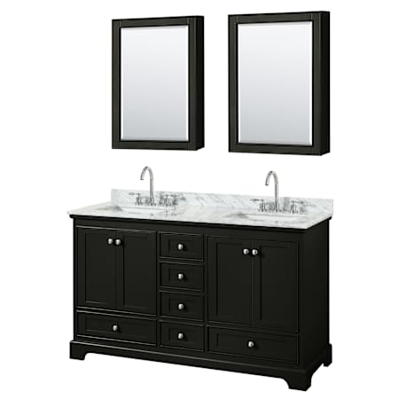 Wyndham Collection Deborah 60" Free Standing Double Vanity Set with Wood Cabinet, Marble Vanity Top, and Medicine Cabinet Dark Espresso / White Carrara Marble Top / Polished Chrome Hardware