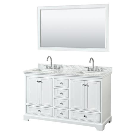 Wyndham Collection Deborah 60" Free Standing Double Vanity Set with Wood Cabinet, Marble Vanity Top, and Framed Mirror White / White Carrara Marble Top / Polished Chrome Hardware