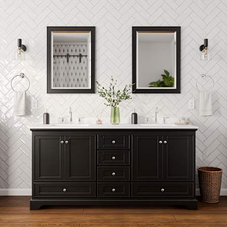 Wyndham Collection Deborah 72" Free Standing Double Basin Vanity Set with Cabinet, Cultured Marble Vanity Top for Widespread Faucets, and Framed Mirrors Set Dark Espresso / Carrara Cultured Marble Top / Polished Chrome Hardware