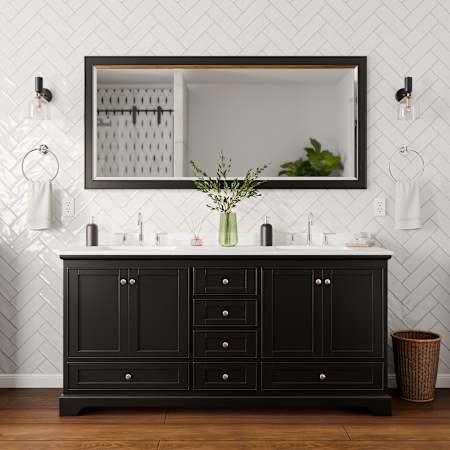 Wyndham Collection Deborah 72" Free Standing Double Basin Vanity Set with Cabinet, Cultured Marble Vanity Top for Widespread Faucets, and Framed Mirror Dark Espresso / Carrara Cultured Marble Top / Polished Chrome Hardware