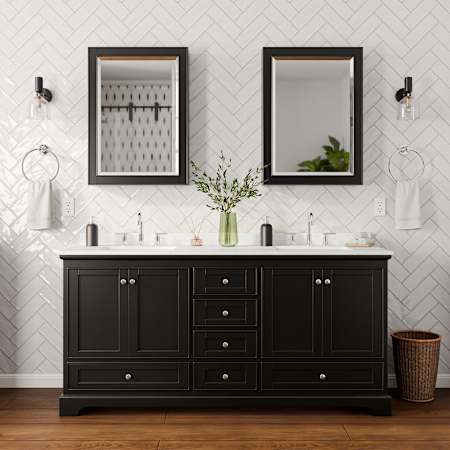 Wyndham Collection Deborah 72" Free Standing Double Basin Vanity Set with Cabinet, Cultured Marble Vanity Top for Widespread Faucets, and Medicine Cabinet Dark Espresso / Carrara Cultured Marble Top / Polished Chrome Hardware