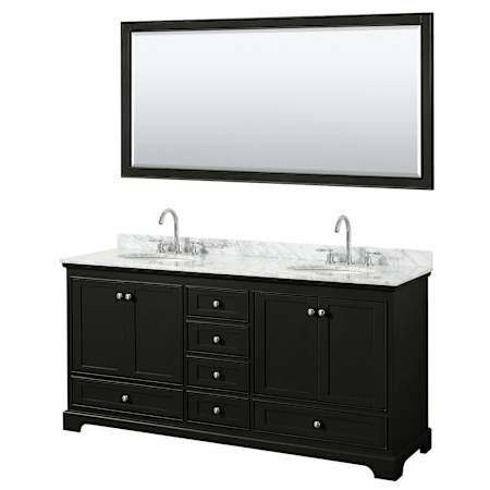 Wyndham Collection Deborah 72" Free Standing Double Vanity Set with Wood Cabinet, Marble Vanity Top, and Framed Mirror Dark Espresso / White Carrara Marble Top / Polished Chrome Hardware