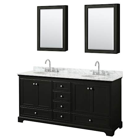 Wyndham Collection Deborah 72" Free Standing Double Vanity Set with Wood Cabinet, Marble Vanity Top, and Medicine Cabinet Dark Espresso / White Carrara Marble Top / Polished Chrome Hardware