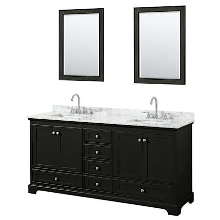 Wyndham Collection Deborah 72" Free Standing Double Vanity Set with Wood Cabinet, Marble Vanity Top, and Framed Mirror Dark Espresso / White Carrara Marble Top / Polished Chrome Hardware