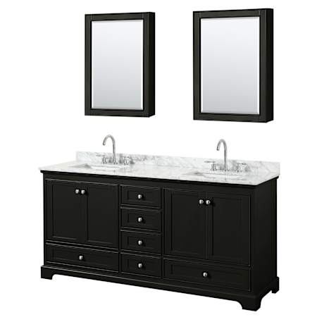 Wyndham Collection Deborah 72" Free Standing Double Vanity Set with Wood Cabinet, Marble Vanity Top, and Medicine Cabinet Dark Espresso / White Carrara Marble Top / Polished Chrome Hardware