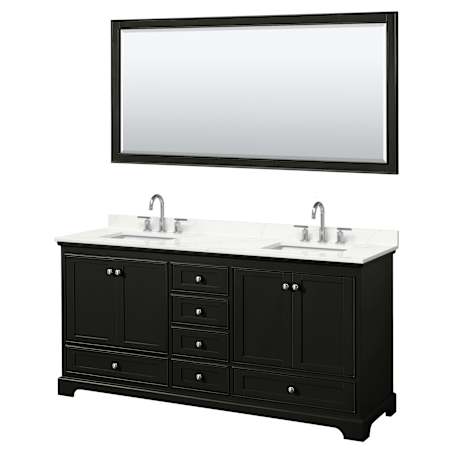 Wyndham Collection Deborah 72" Free Standing Double Basin Vanity Set with Cabinet, Quartz Vanity Top, and Framed Mirror Dark Espresso / Giotto Quartz Top / Polished Chrome Hardware