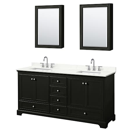 Wyndham Collection Deborah 72" Free Standing Double Basin Vanity Set with Cabinet, Quartz Vanity Top, and Medicine Cabinet Dark Espresso / Giotto Quartz Top / Polished Chrome Hardware