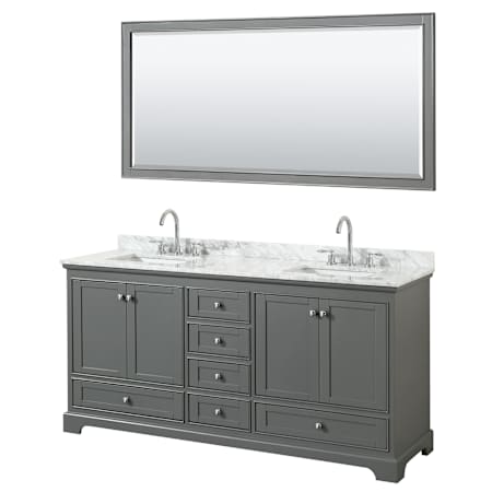 Wyndham Collection Deborah 72" Free Standing Double Vanity Set with Wood Cabinet, Marble Vanity Top, and Framed Mirror Dark Gray / White Carrara Marble Top / Polished Chrome Hardware