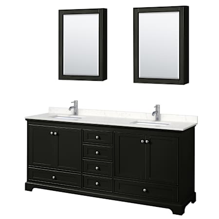 Wyndham Collection Deborah 80" Free Standing Double Basin Vanity Set with Cultured Marble Vanity Top and Framed Mirror Dark Espresso / Carrara Cultured Marble Top / Polished Chrome Hardware