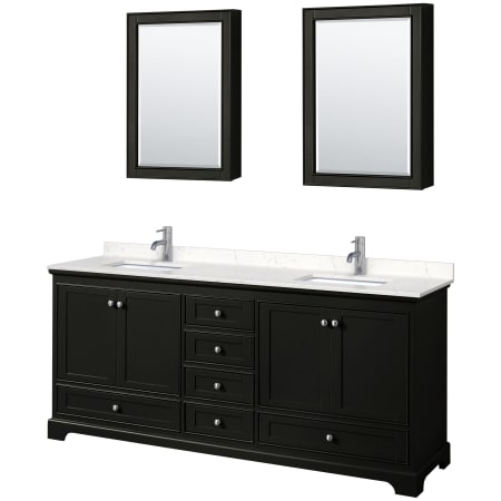 Wyndham Collection Deborah 80" Free Standing Double Basin Vanity Set with Cultured Marble Vanity Top and Framed Mirror Dark Espresso / Carrara Cultured Marble Top / Polished Chrome Hardware