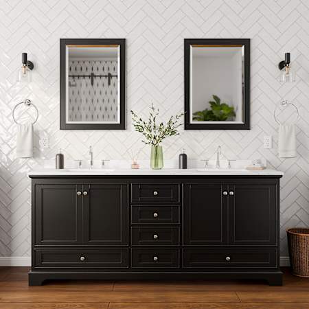 Wyndham Collection Deborah 80" Free Standing Double Basin Vanity Set with Cabinet, Cultured Marble Vanity Top for Widespread Faucets, and Framed Mirror Set Dark Espresso / Carrara Cultured Marble Top / Polished Chrome Hardware