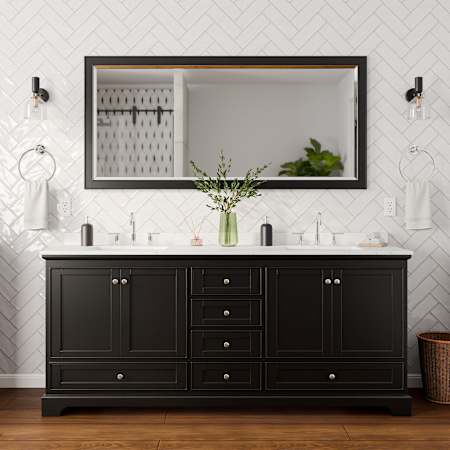 Wyndham Collection Deborah 80" Free Standing Double Basin Vanity Set with Cabinet, Cultured Marble Vanity Top for Widespread Faucets, and Framed Mirror Dark Espresso / Carrara Cultured Marble Top / Polished Chrome Hardware