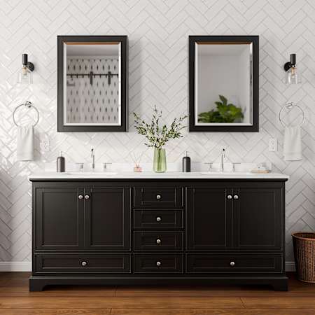 Wyndham Collection Deborah 80" Free Standing Double Basin Vanity Set with Cabinet, Cultured Marble Vanity Top for Widespread Faucets, and Medicine Cabinet Dark Espresso / Carrara Cultured Marble Top / Polished Chrome Hardware