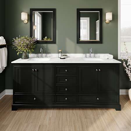 Wyndham Collection Deborah 80" Free Standing Double Basin Vanity Set with Cabinet and Cultured Marble Vanity Top for Widespread Faucets Dark Espresso / Carrara Cultured Marble Top / Polished Chrome Hardware