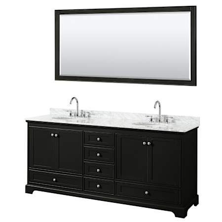 Wyndham Collection Deborah 80" Free Standing Double Vanity Set with Wood Cabinet, Marble Vanity Top, and Framed Mirror Dark Espresso / White Carrara Marble Top / Polished Chrome Hardware