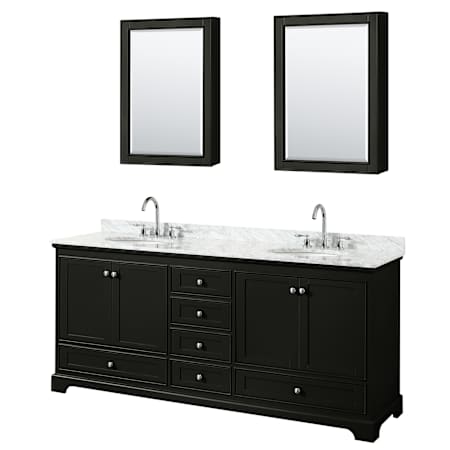 Wyndham Collection Deborah 80" Free Standing Double Vanity Set with Wood Cabinet, Marble Vanity Top, and Medicine Cabinet Dark Espresso / White Carrara Marble Top / Polished Chrome Hardware