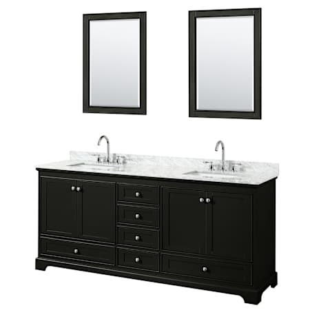 Wyndham Collection Deborah 80" Free Standing Double Vanity Set with Wood Cabinet, Marble Vanity Top, and Framed Mirror Dark Espresso / White Carrara Marble Top / Polished Chrome Hardware
