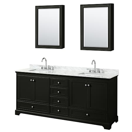 Wyndham Collection Deborah 80" Free Standing Double Vanity Set with Wood Cabinet, Marble Vanity Top, and Medicine Cabinet Dark Espresso / White Carrara Marble Top / Polished Chrome Hardware
