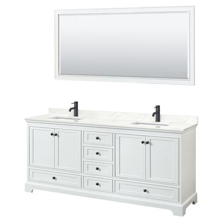 Wyndham Collection Deborah 80" Free Standing Double Basin Vanity Set with Cabinet, Quartz Vanity Top, and Framed Mirror White / Giotto Quartz Top / Matte Black Hardware