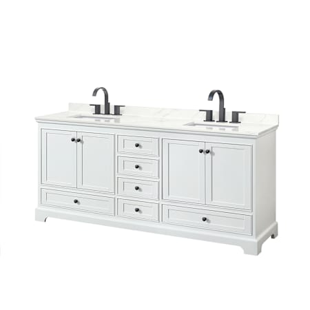 Wyndham Collection Deborah 80" Free Standing Double Basin Vanity Set with Cabinet and Quartz Vanity Top White / Giotto Quartz Top / Matte Black Hardware