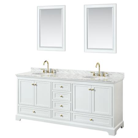 Wyndham Collection Deborah 80" Free Standing Double Vanity Set with Wood Cabinet, Marble Vanity Top, and Framed Mirror White / White Carrara Marble Top / Brushed Gold Hardware
