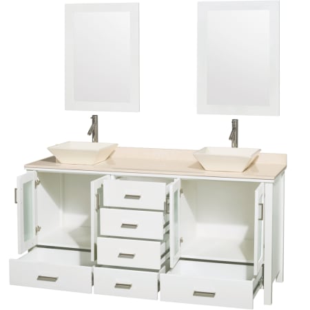 Wyndham Collection-WCV01572V-Open Vanity View in Glossy White with Ivory Marble Top and Pyra Bone Porcelain Sinks