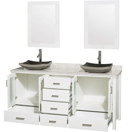 Wyndham Collection-WCV01572V-Open Vanity View in Glossy White with White Carrera Marble Top and Altair Black Granite Sinks