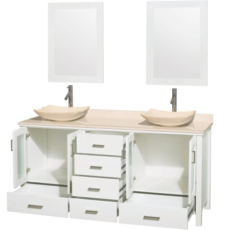 Wyndham Collection-WCV01572V-Open Vanity View in Glossy White with White Carrera Marble Top and Arista Ivory Marble Sinks