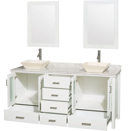 Wyndham Collection-WCV01572V-Open Vanity View in Glossy White with White Carrera Marble Top and Pyra Bone Porcelain Sinks