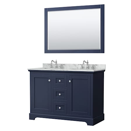 Wyndham Collection Avery 48" Free Standing Double Basin Vanity Set with Cabinet, Marble Vanity Top, and Framed Mirror Dark Blue / Polished Chrome Hardware