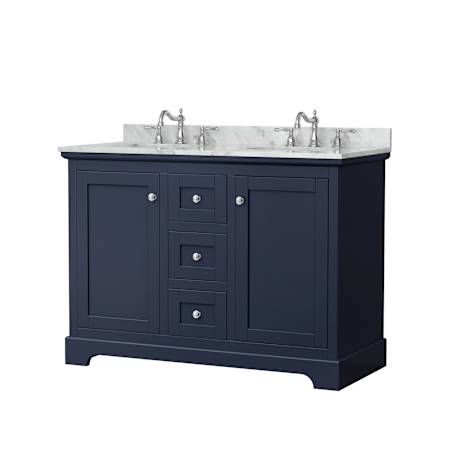 Wyndham Collection Avery 48" Free Standing Double Basin Vanity Set with Cabinet and Marble Vanity Top Dark Blue / Polished Chrome Hardware