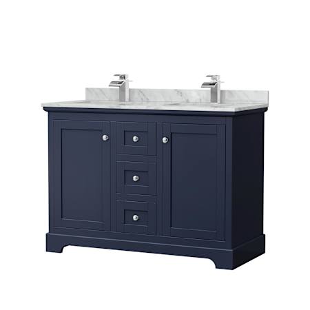 Wyndham Collection Avery 48" Free Standing Double Basin Vanity Set with Cabinet and Marble Vanity Top Dark Blue / Polished Chrome Hardware