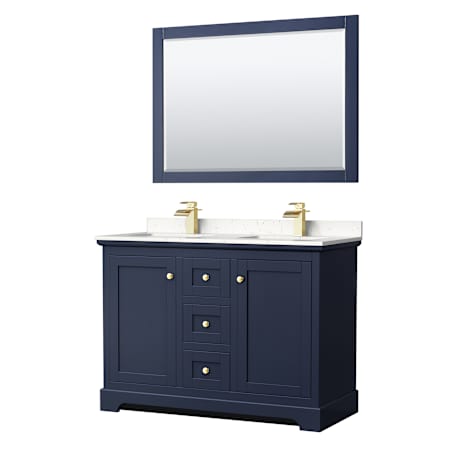 Wyndham Collection Avery 48" Free Standing Double Basin Vanity Set with Cabinet, Cultured Marble Vanity Top, and Framed Mirror Dark Blue / Carrara Cultured Marble Top / Brushed Gold Hardware