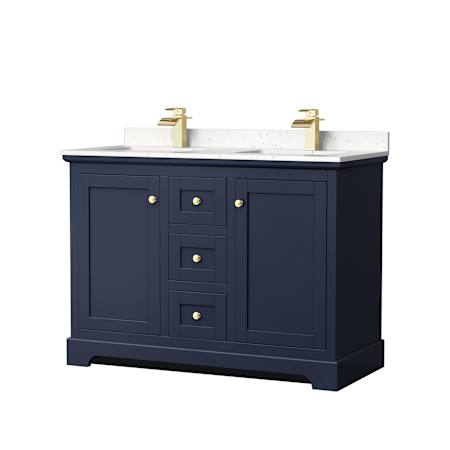 Wyndham Collection Avery 48" Free Standing Double Basin Vanity Set with Cabinet and Cultured Marble Vanity Top Dark Blue / Carrara Cultured Marble Top / Brushed Gold Hardware