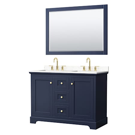 Wyndham Collection Avery 48" Free Standing Double Basin Vanity Set with Cabinet, Cultured Marble Vanity Top for Widespread Faucets, and Framed Mirror Dark Blue / Carrara Cultured Marble Top / Brushed Gold Hardware