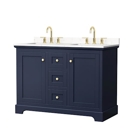 Wyndham Collection Avery 48" Free Standing Double Basin Vanity Set with Cabinet and Cultured Marble Vanity Top for Widespread Faucets Dark Blue / Carrara Cultured Marble Top / Brushed Gold Hardware