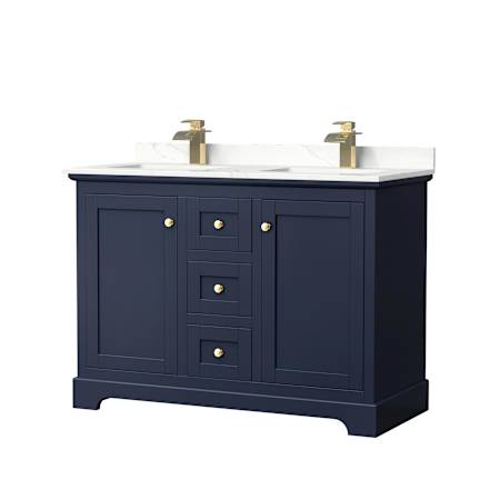 Wyndham Collection Avery 48" Free Standing Double Basin Vanity Set with Cabinet and Quartz Vanity Top Dark Blue / Giotto Quartz Top / Brushed Gold Hardware